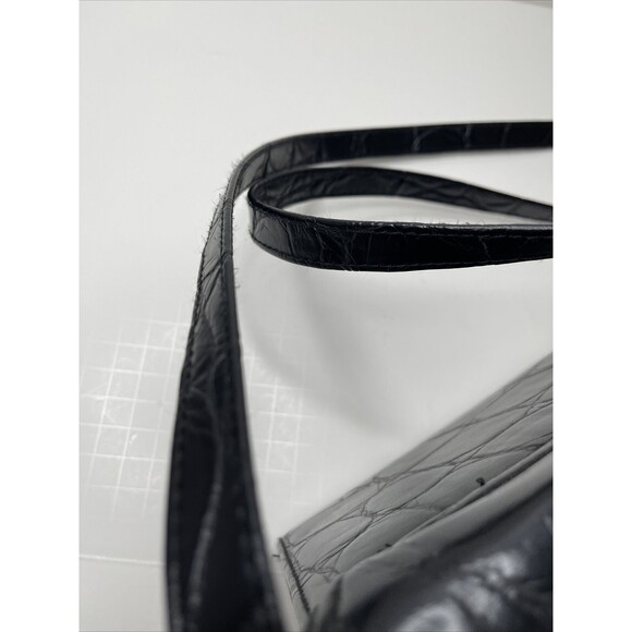 Vintage Black faux Leather Crossbody Purse snap fold over square crocodile print - Picture 5 of 12
